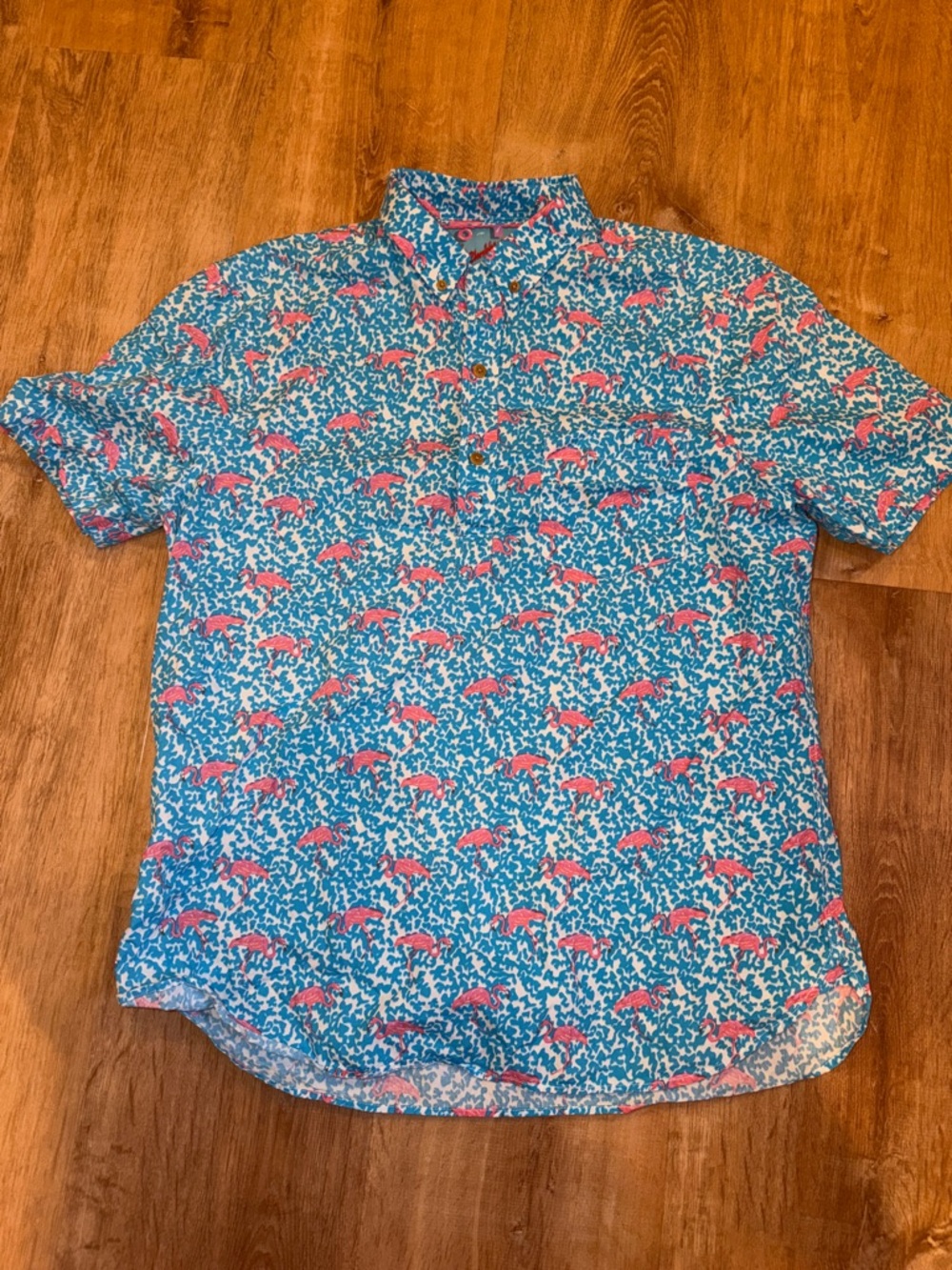 Chubbies Short-Sleeve Flamingo Button-Up Shirt - Teal with Pink Print